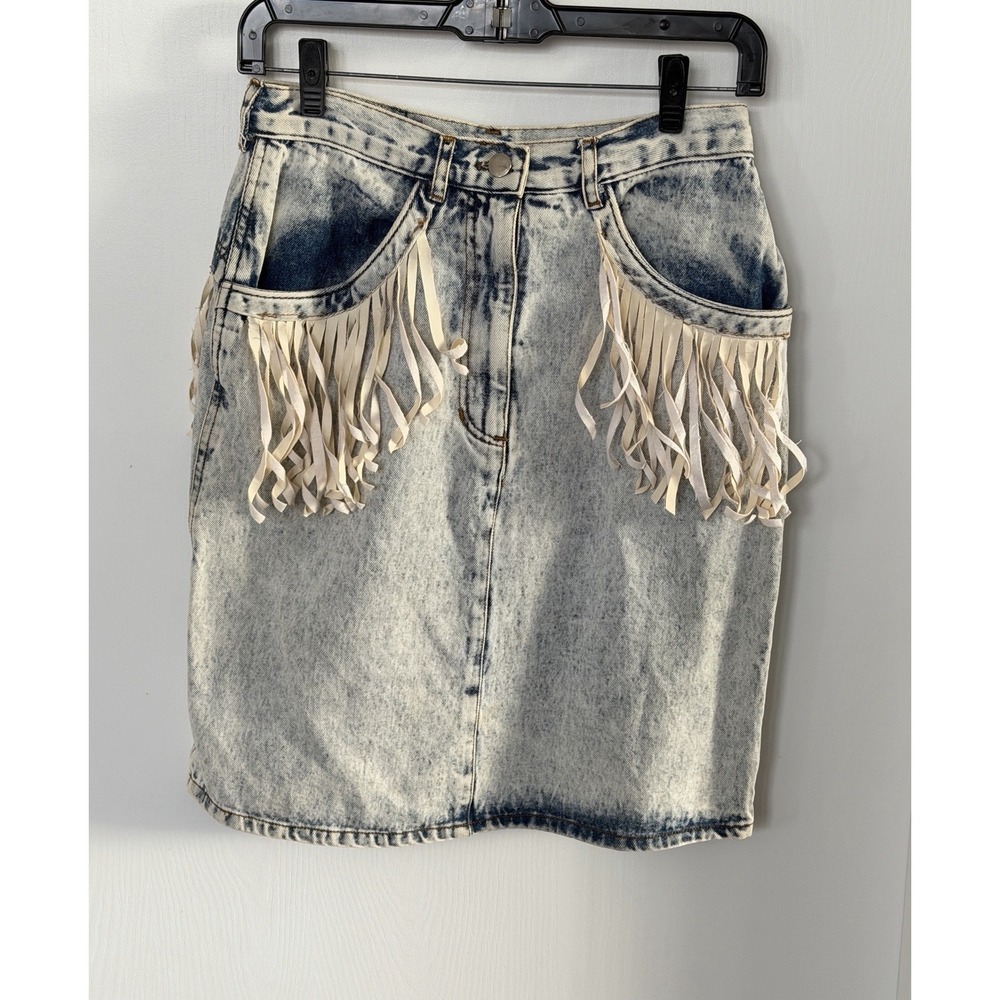 Vintage Acid Wash Denim Fringe Skirt Western Cowgirl Rodeo 26" Waist